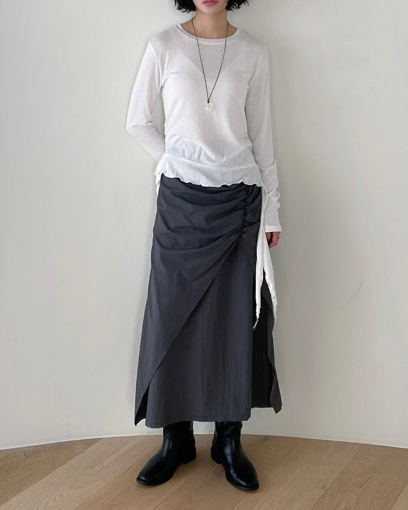 SK143- layer斜Cut打褶長裙 | Grey | Black
