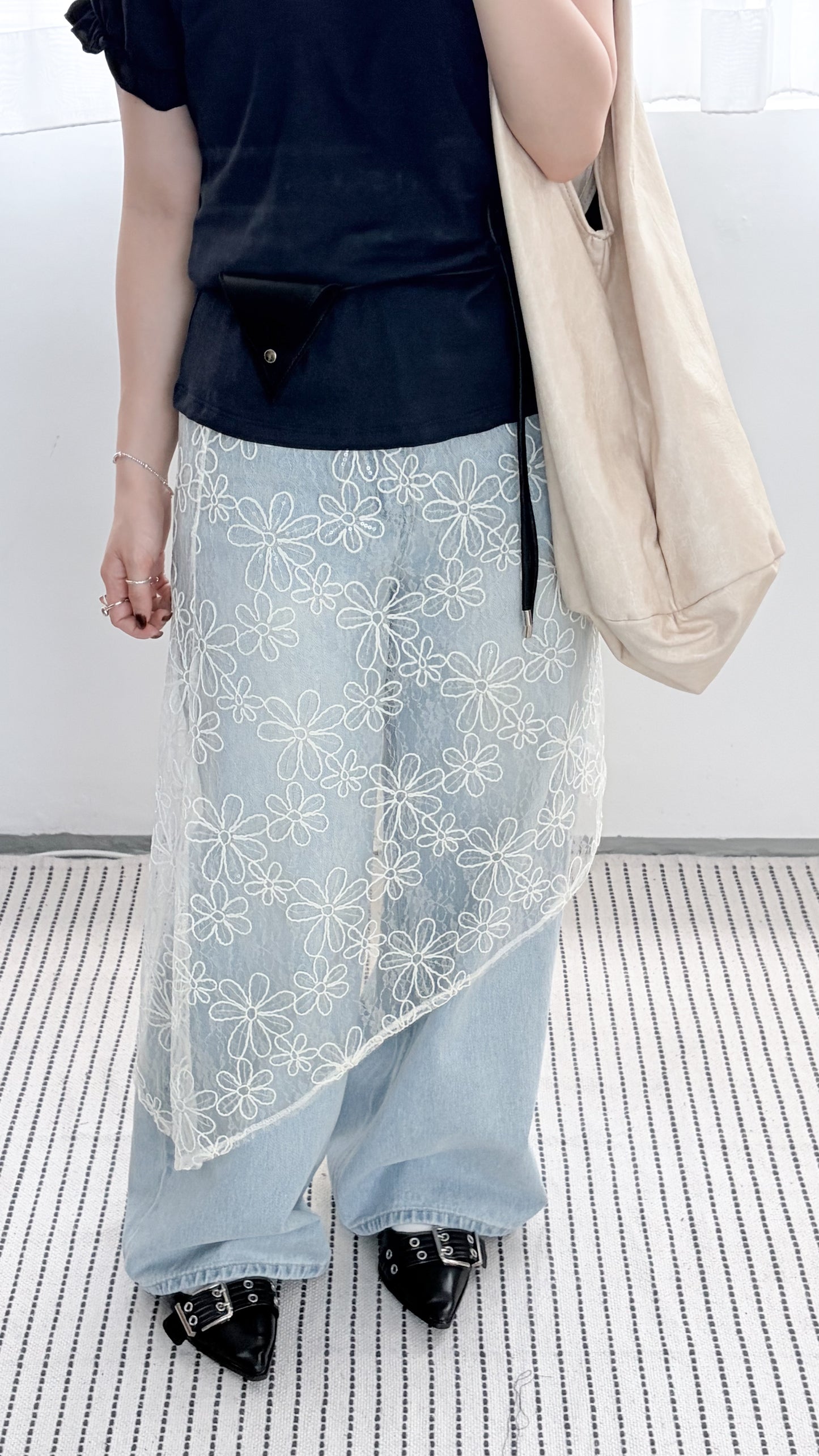TP793- Flower Sheer Lace Overlay Skirt | Ivory | Black