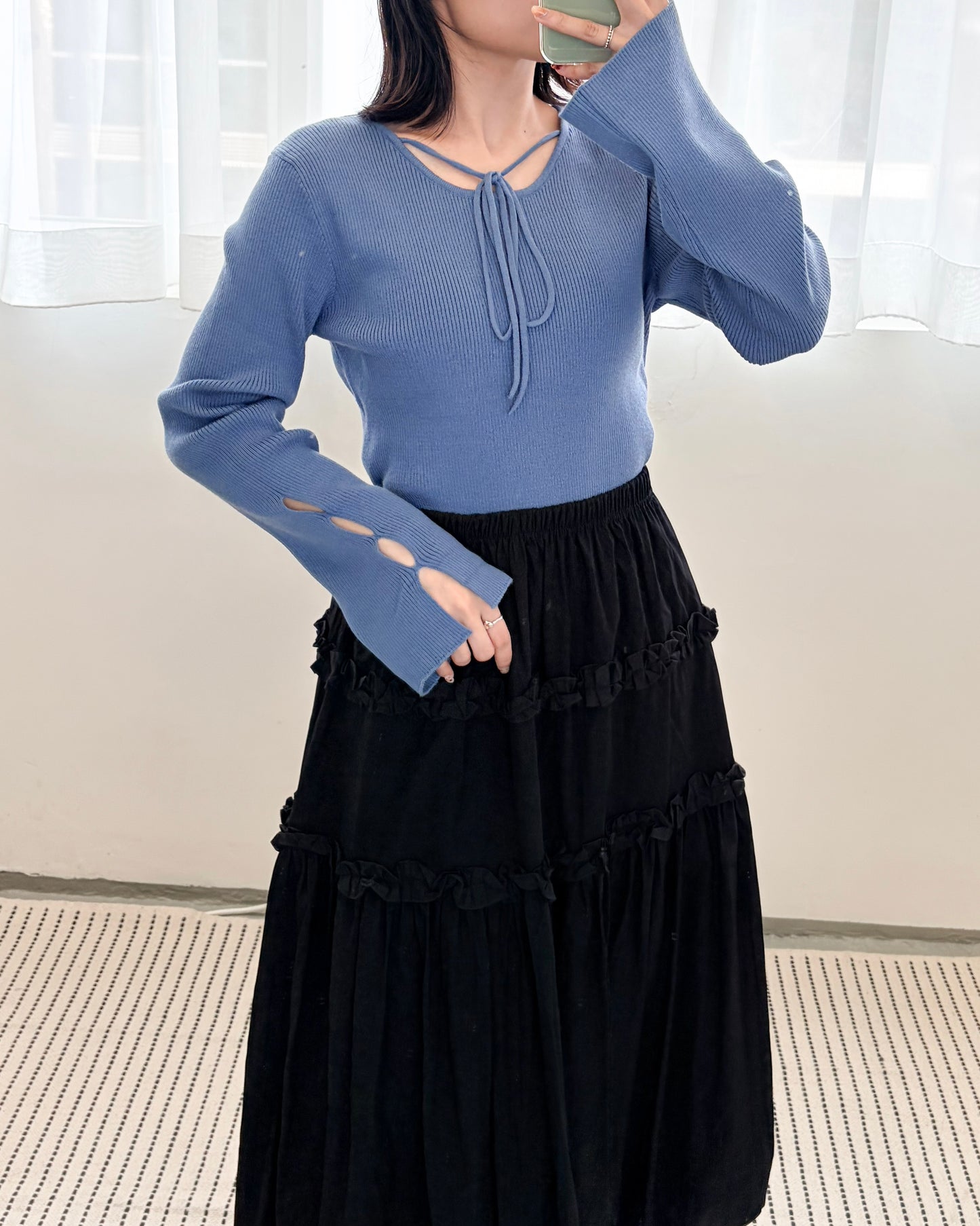 TP682- Neck String ribbon Knit Top |  Ivory | Blue | Black