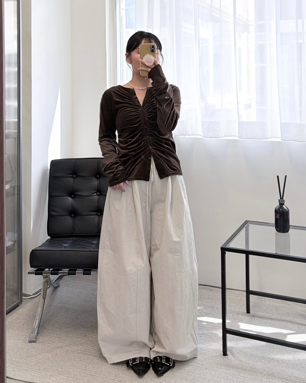 TP838- Sheer Velour gathered Top| Ivory | Brown | Black