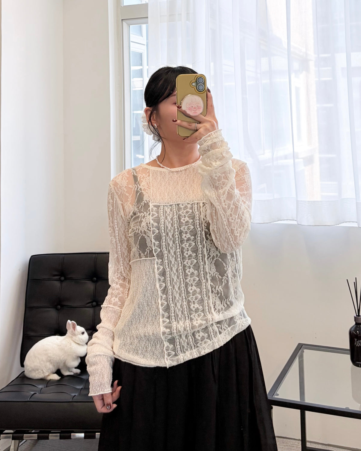 TP849- Lace Patchwork Pullover | Ivory | Black