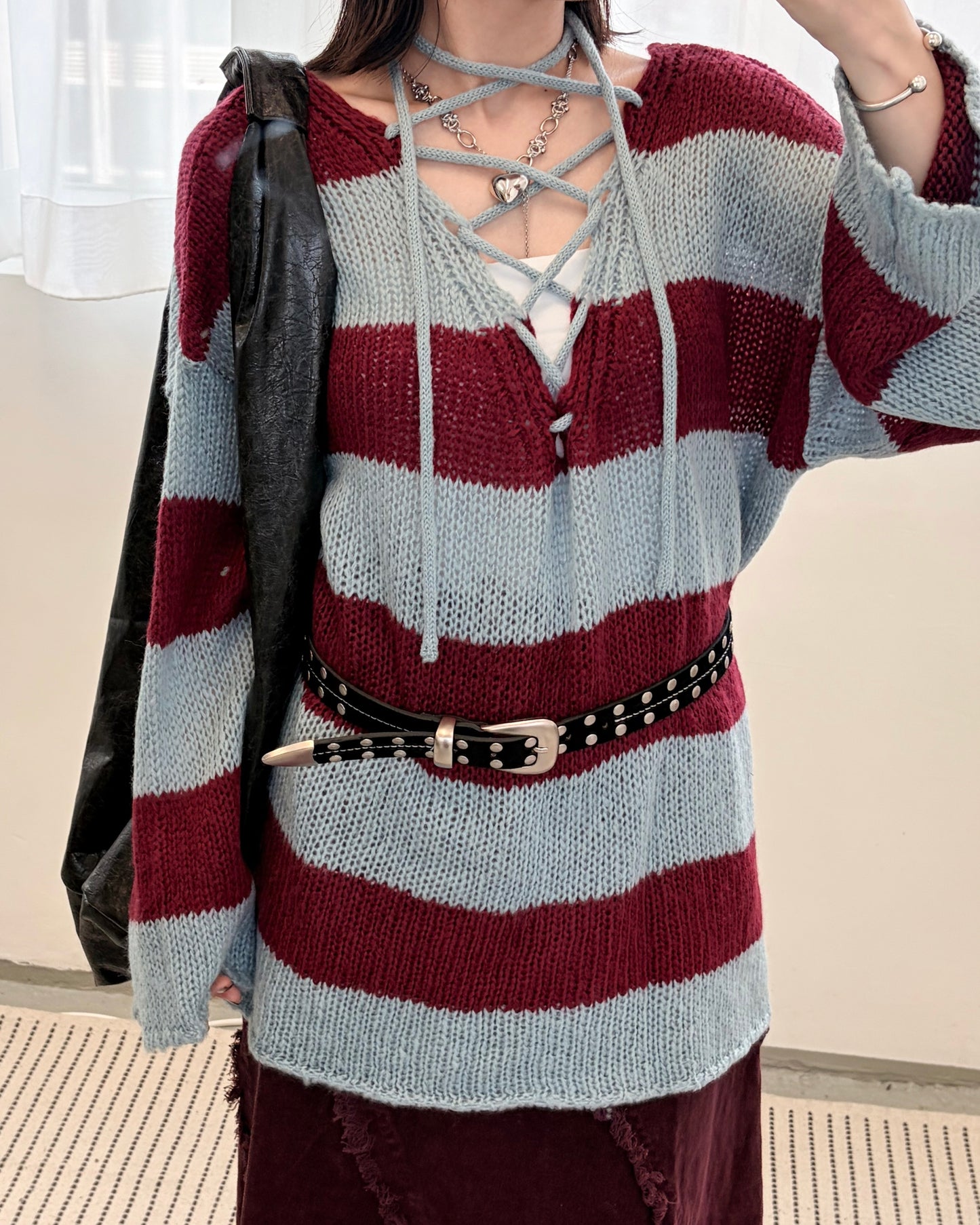 TP691- 拼色2 Ways Stripe Knit Top | Lime x Orange | Blue x Purple | Grey x Black