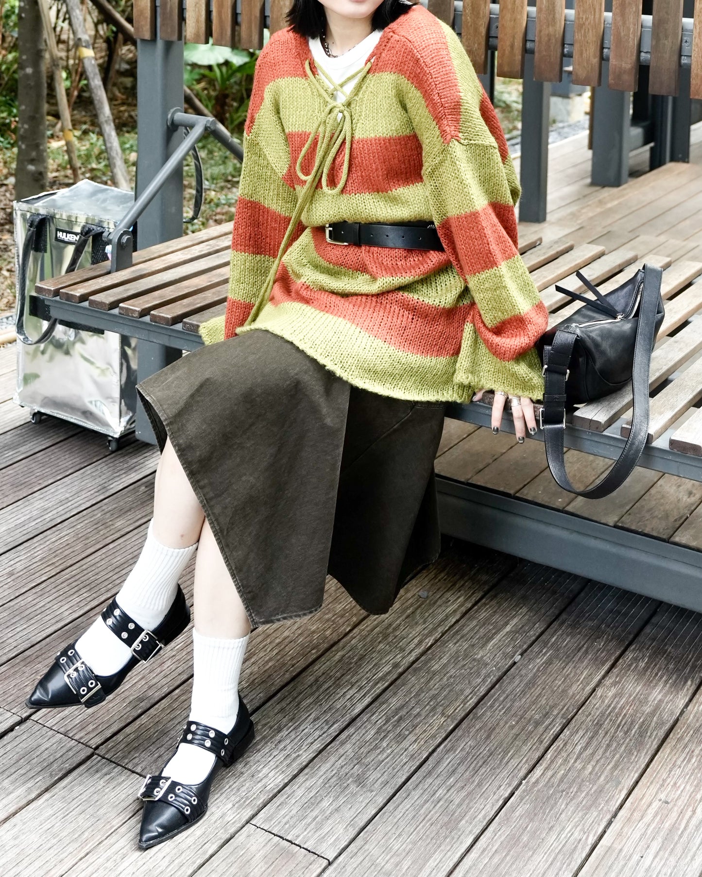 TP691- 拼色2 Ways Stripe Knit Top | Lime x Orange | Blue x Purple | Grey x Black