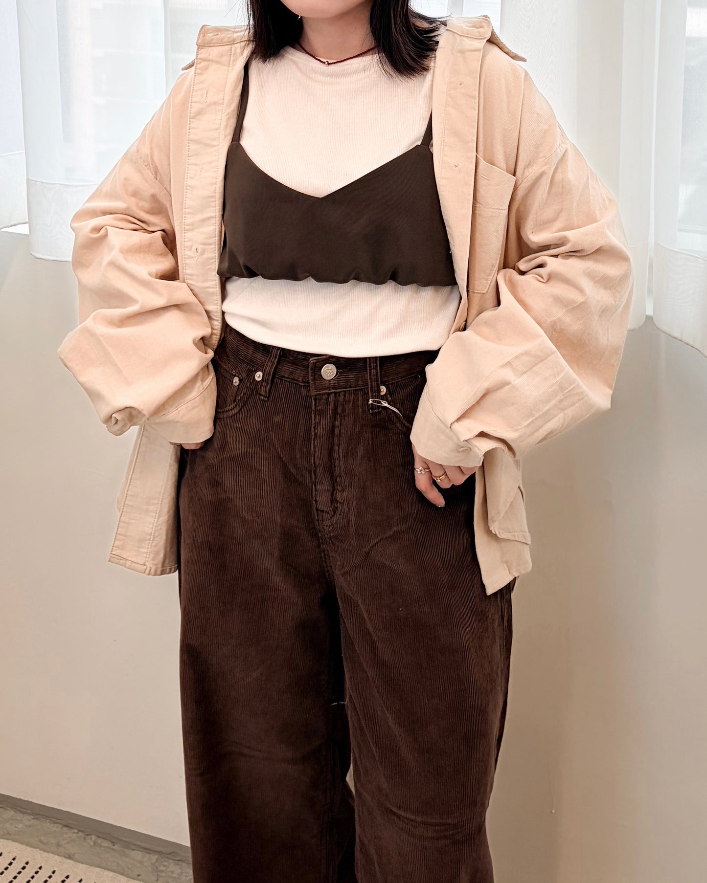 TP696- 三色薄燈芯絨恤衫 ｜ Ivory | Light Green | Brown