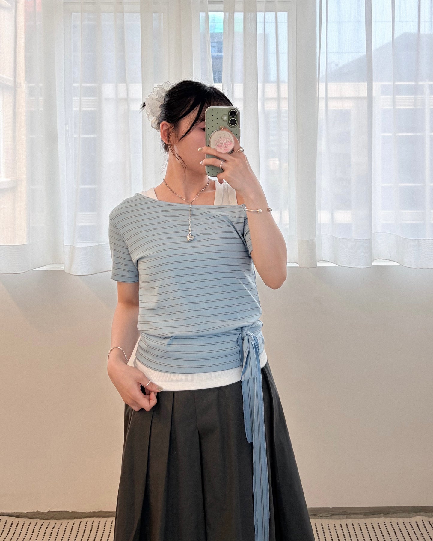 TP767- Stripe Off-shoulder Top With Neck Strap | White | Blue | Black