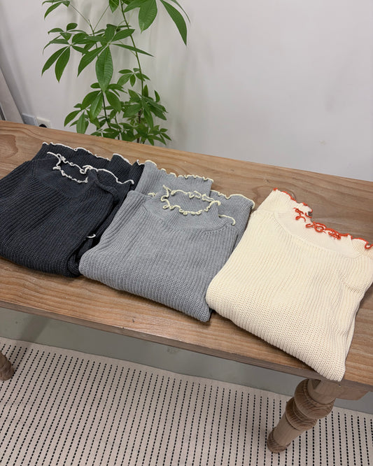 TP706- 拼邊Ruffle Knitwear | Ivory x Orange | Grey x Yellow | Charcoal x White