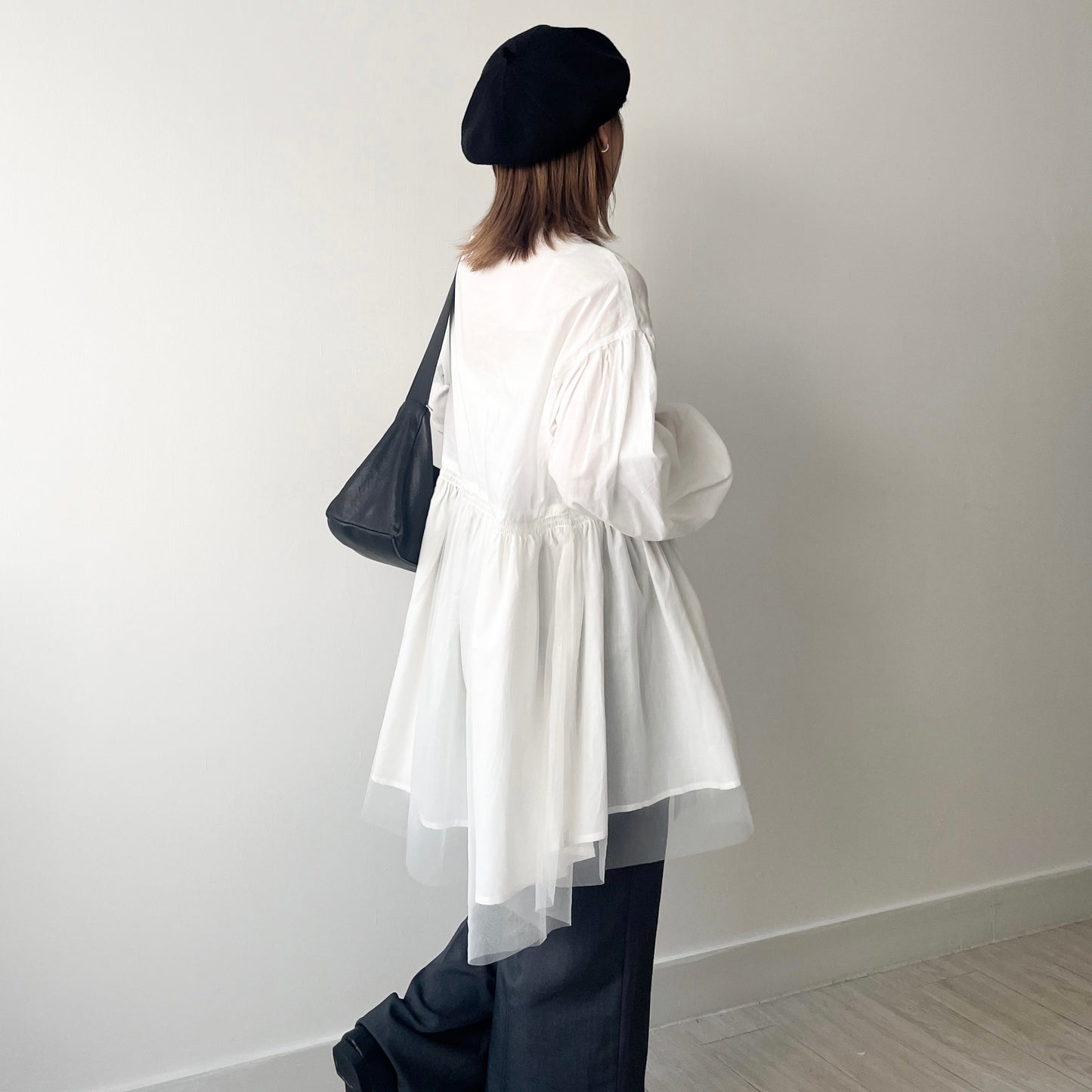 TP408- Tunic Tulle Layer Blouse | White | Black