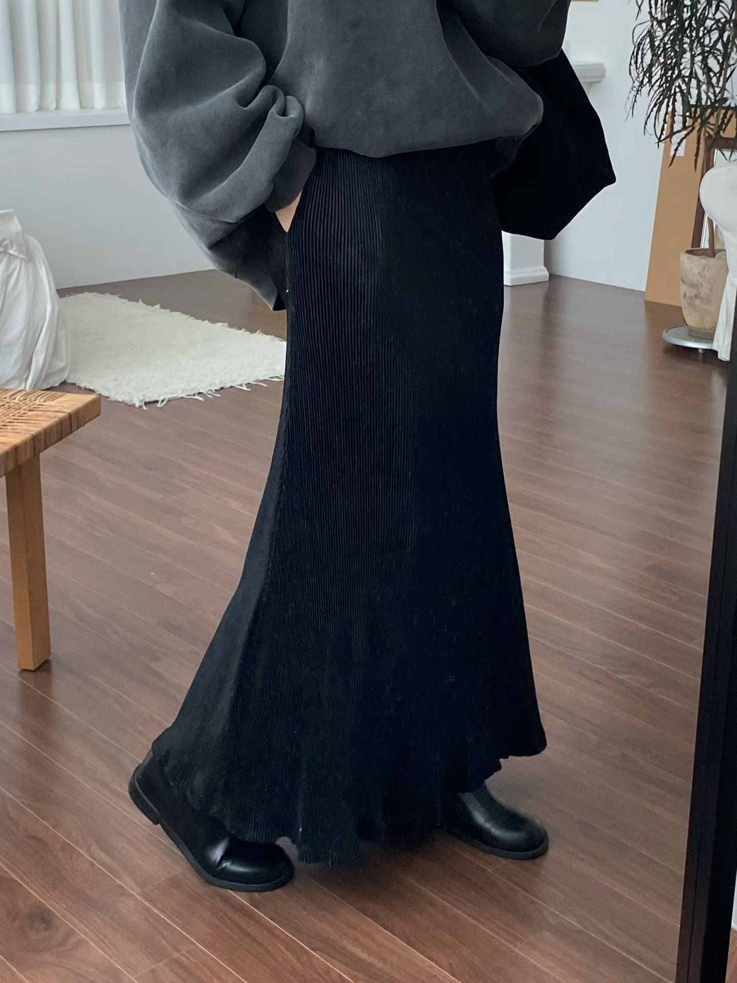 SK136- 絲絨Pocket Skirt ｜Light Grey | Grey | Red wine | Black