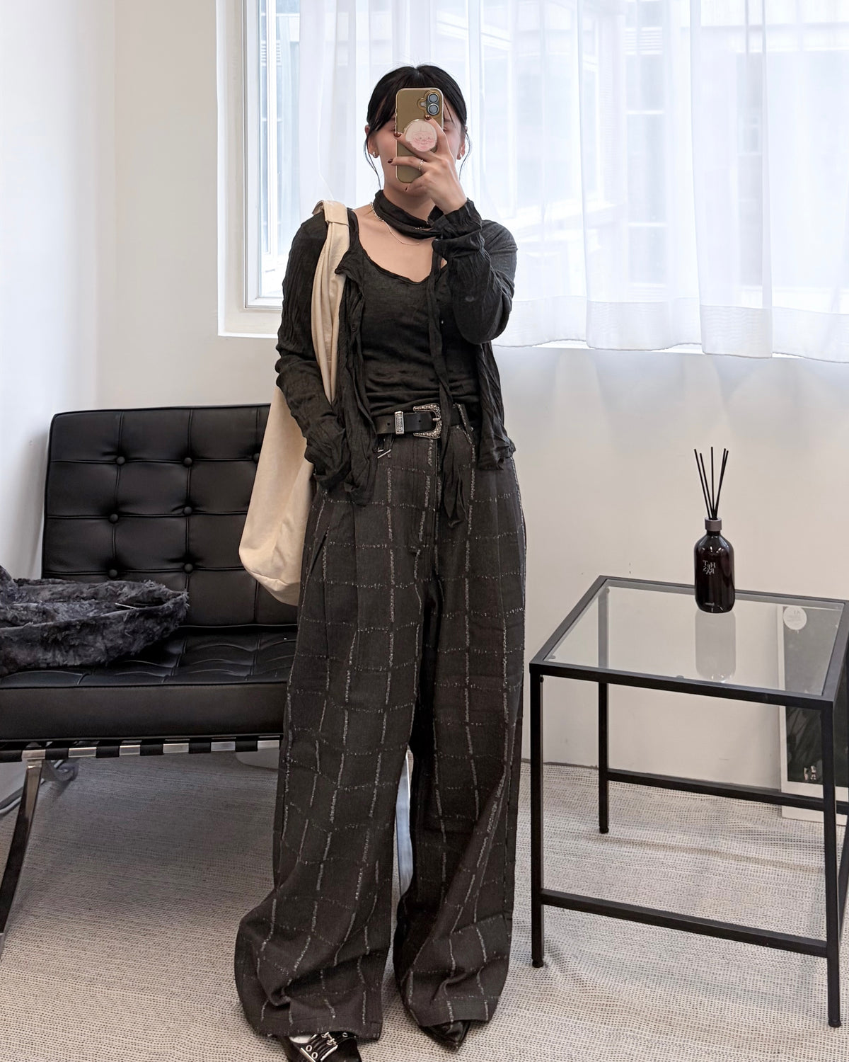PT126- Windowpane Check Pattern Pants | Black