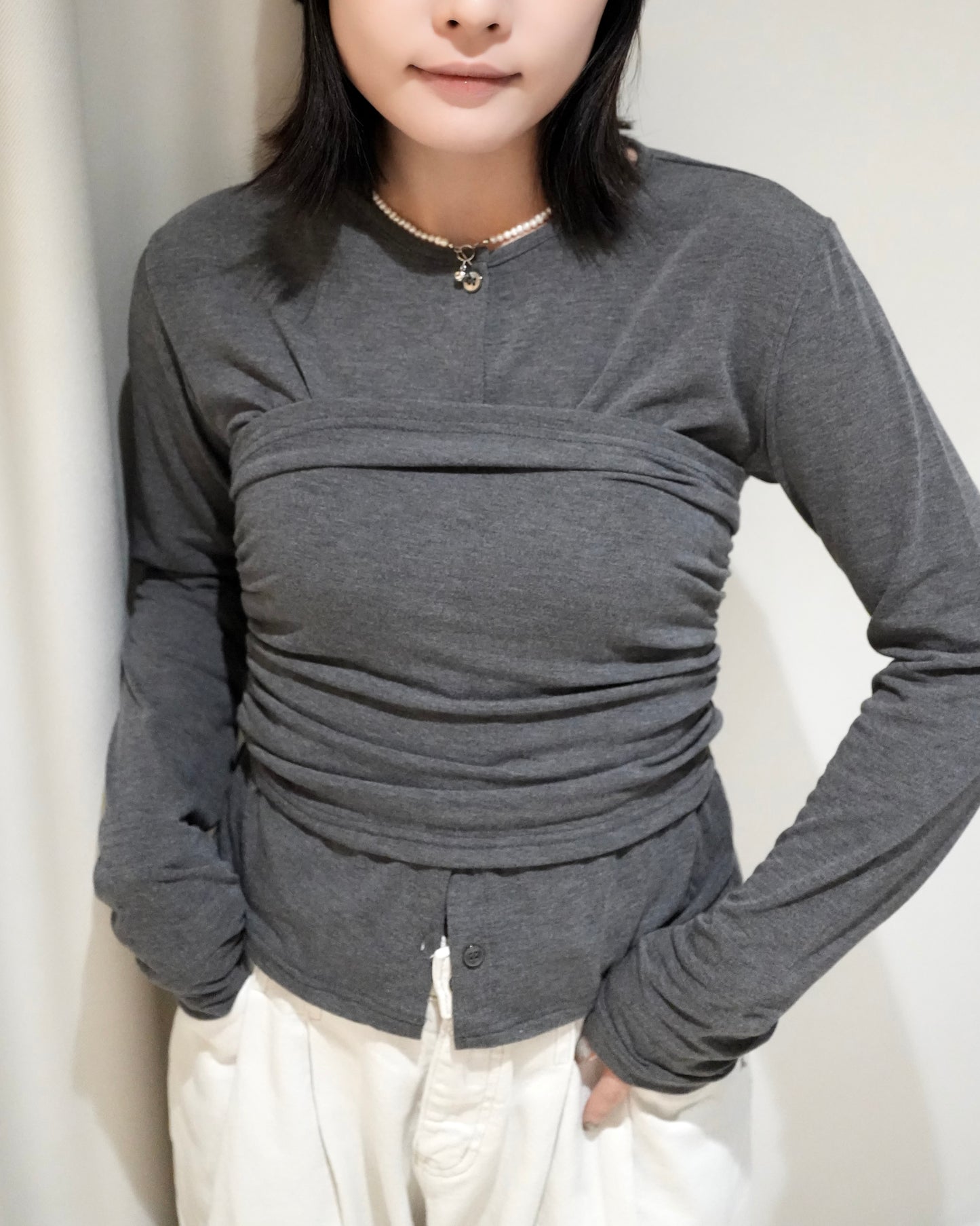 TP698- Tube Top Button Set Top | Ivory | Brown | Grey （ 內有薄抓毛 ，超級巨軟熟 )