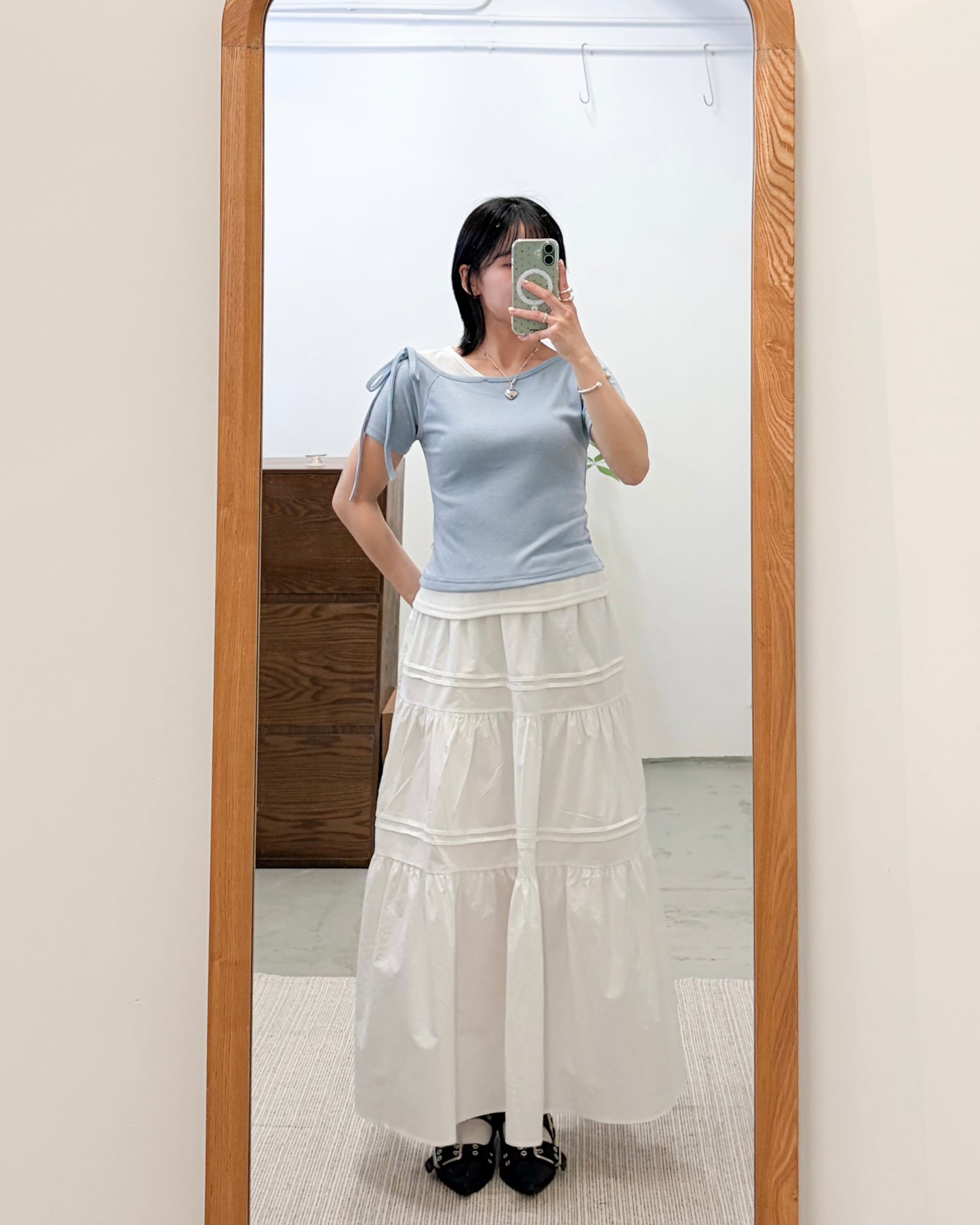 TP743- 2 in 1 Ribbon Sleeve Tee | White x Blue | Grey x Charcoal | White x Black