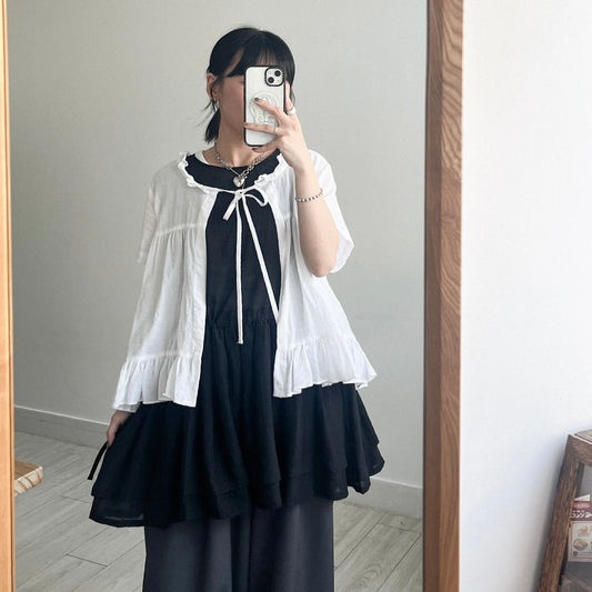 TP643- Checked Ribbon Cardigan | White | Navy