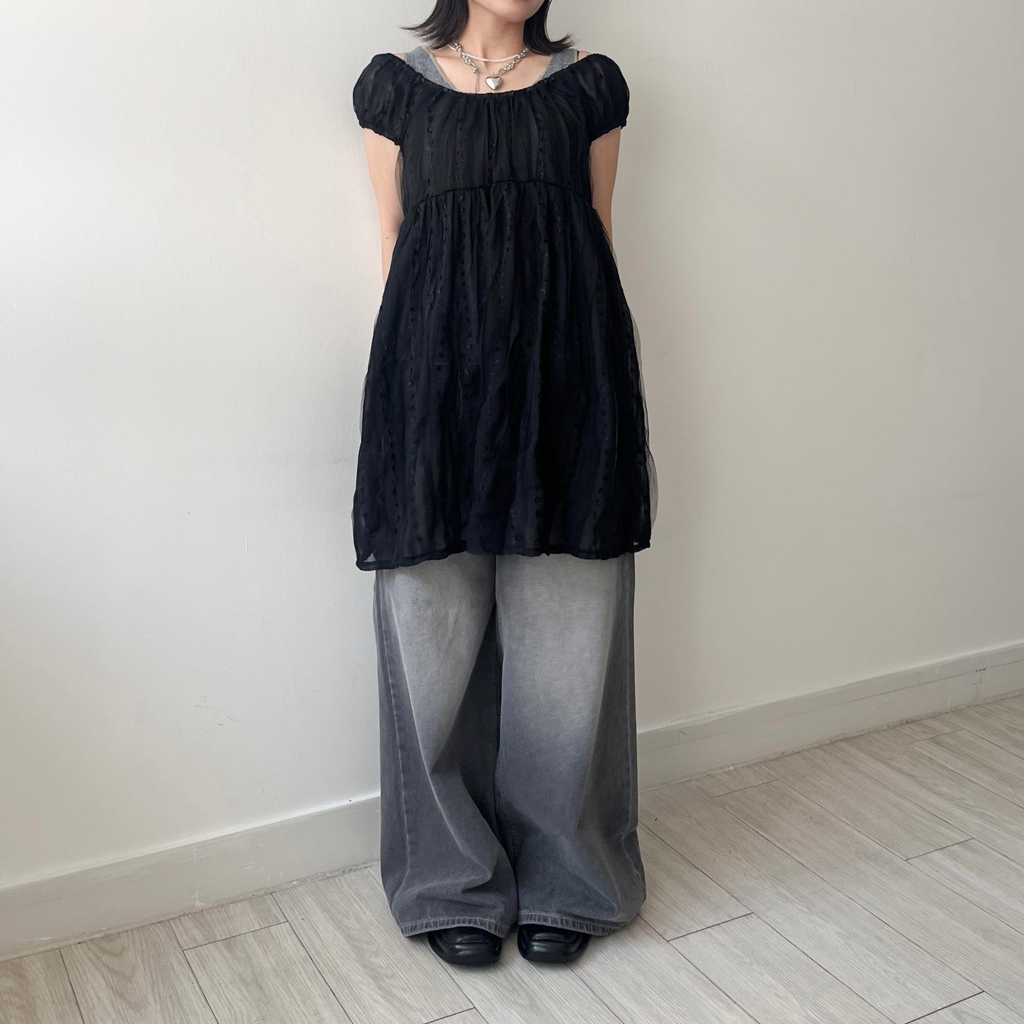 OP71- Embroidery U Neck Dress | White | Black