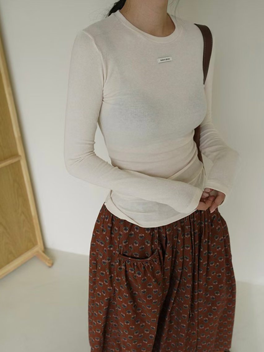 TP674- Logo Tag Cotton Top | Ivory | Grey | Blue | Brown | Black