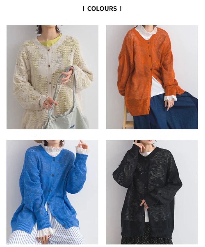 JK52- 🌿Botanical Pattern Knit Cardigan | Ivory | Orange | Blue | Black