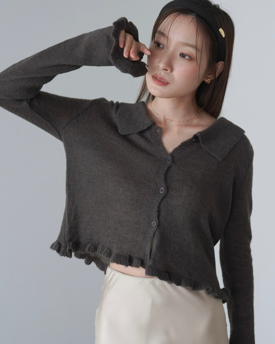 JK46- Ruffle Knit Cardigan | Grey | Brown