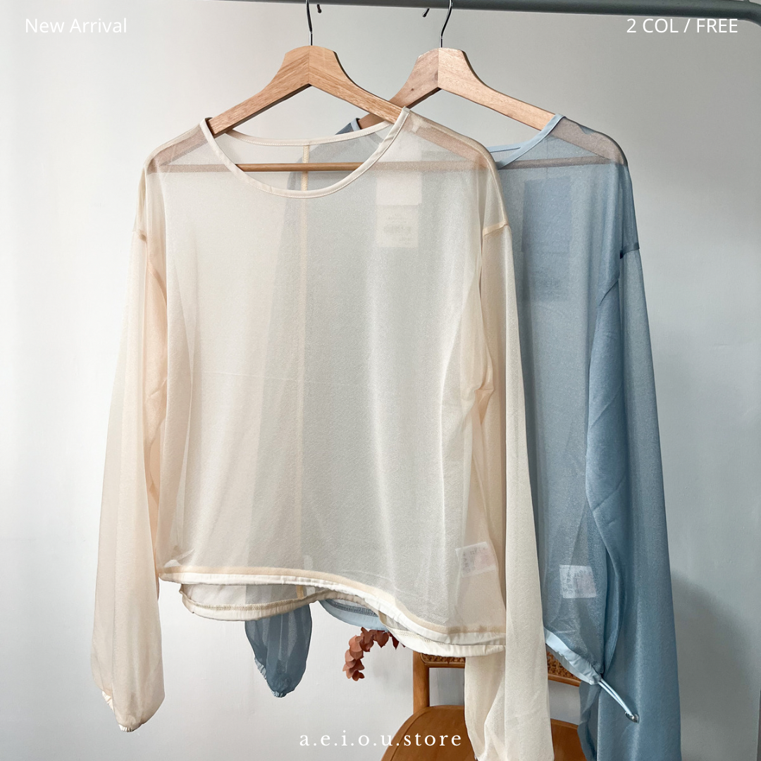 TP209- See-through Puff sleeves Top | Ivory | Blue