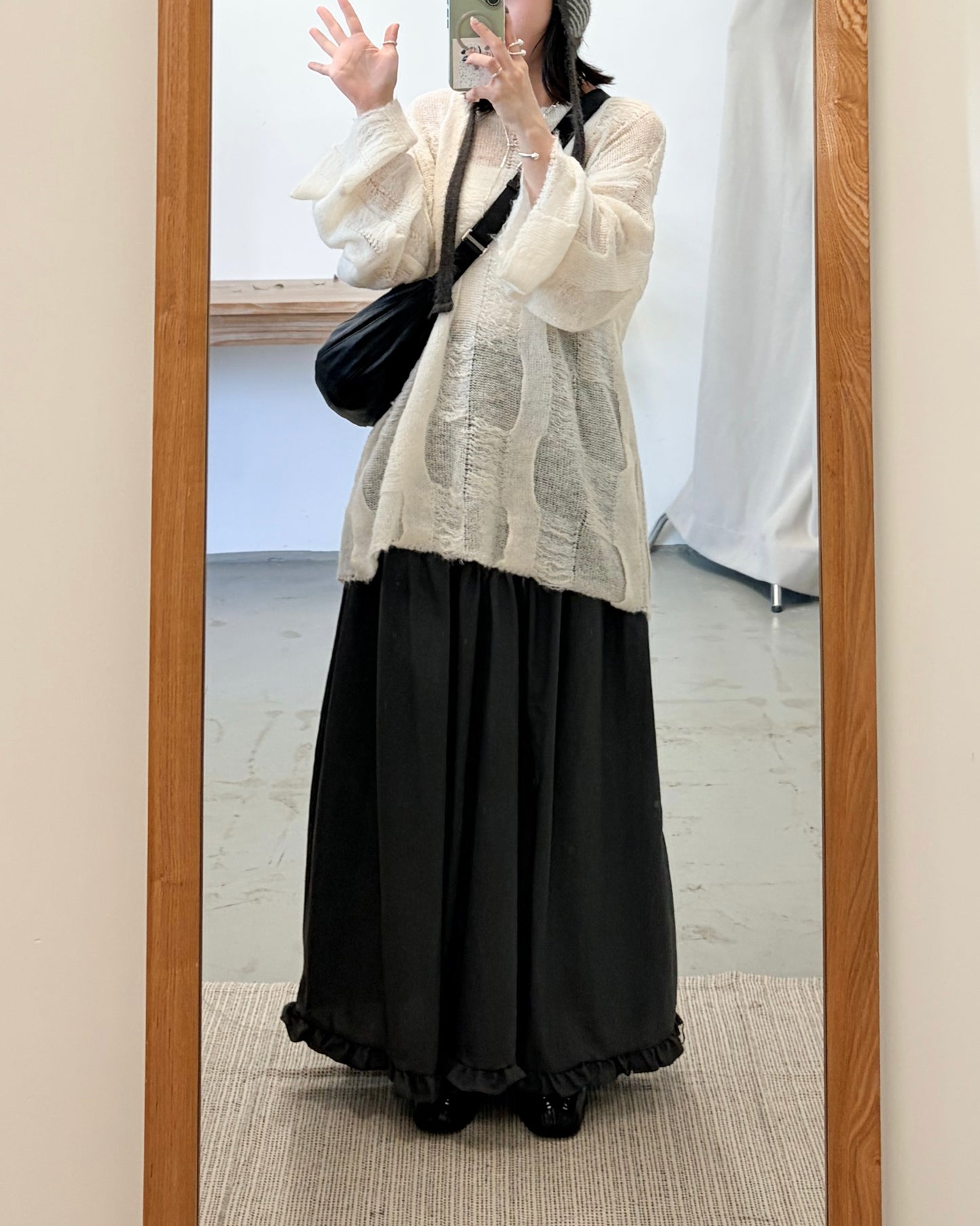 SK141- Ruffle Long Skirt | White | Charcoal