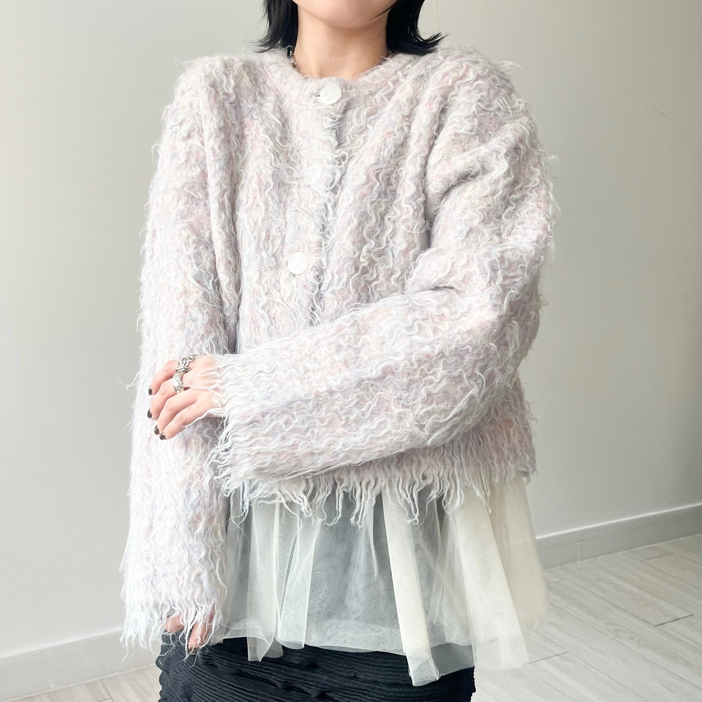 JK30- Wool Blend Shaggy Knit Cardigan | Mix Pink | Grey