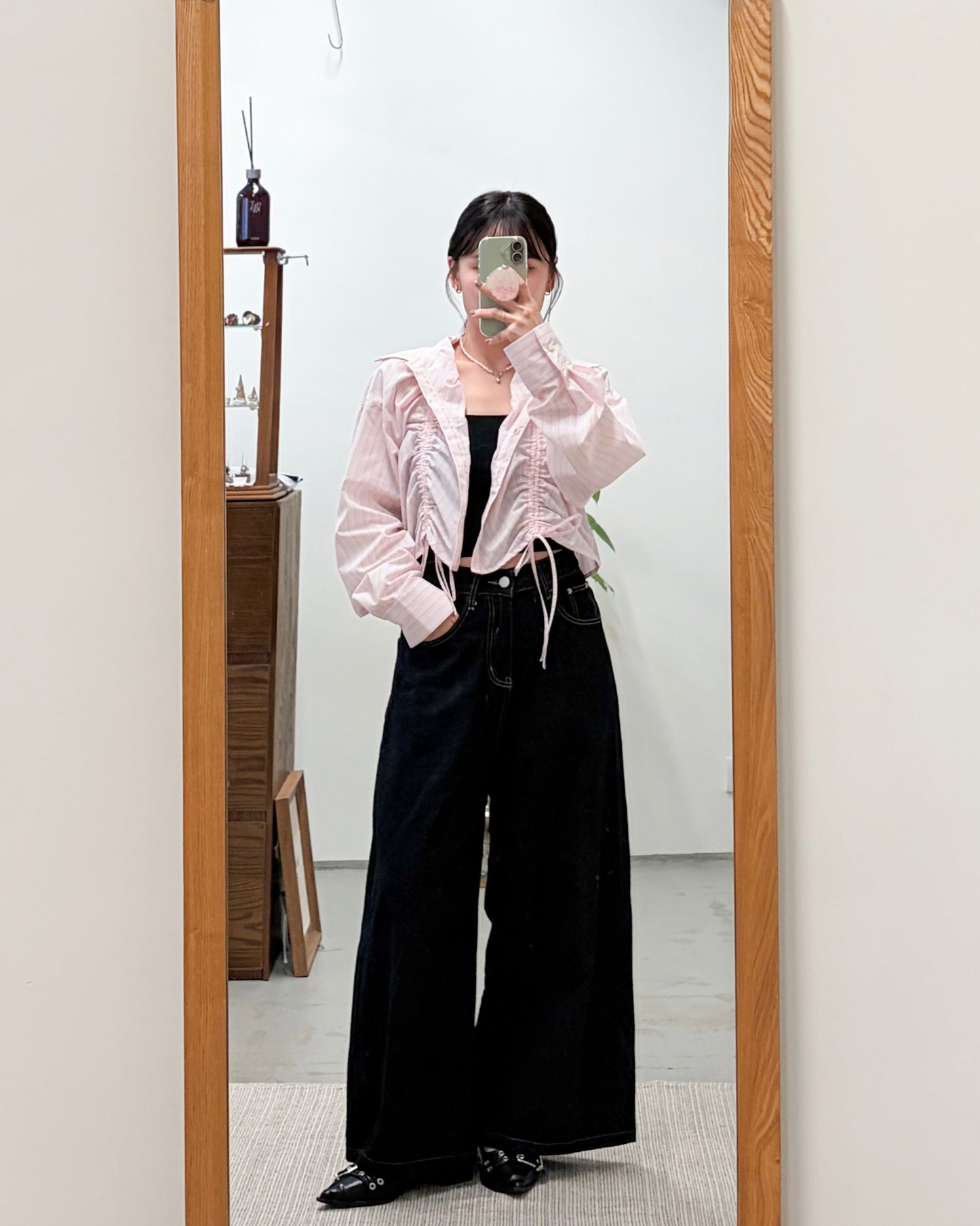 TP739- Front Shirring Short Length Shirt | Pink | Blue