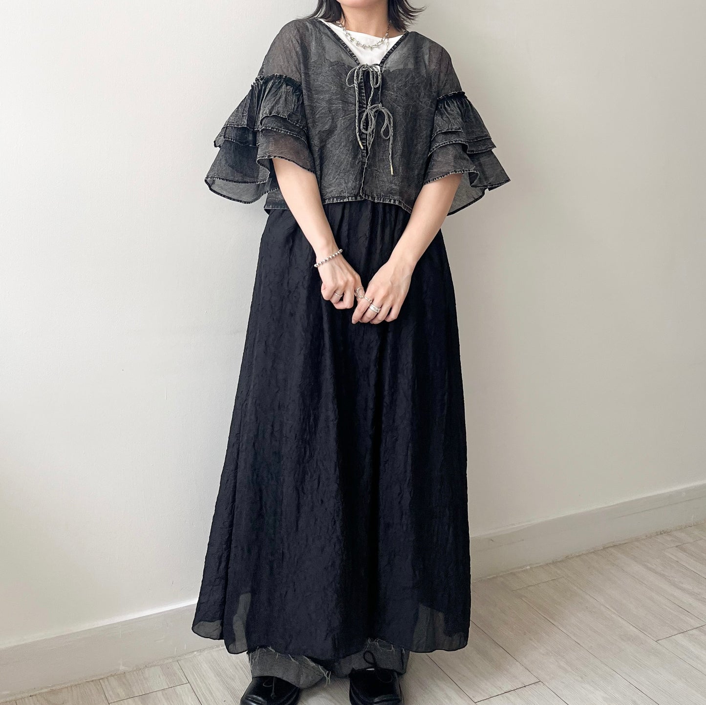 TP630- Ruffle Ribbon Cardigan | Grey Purple | Black