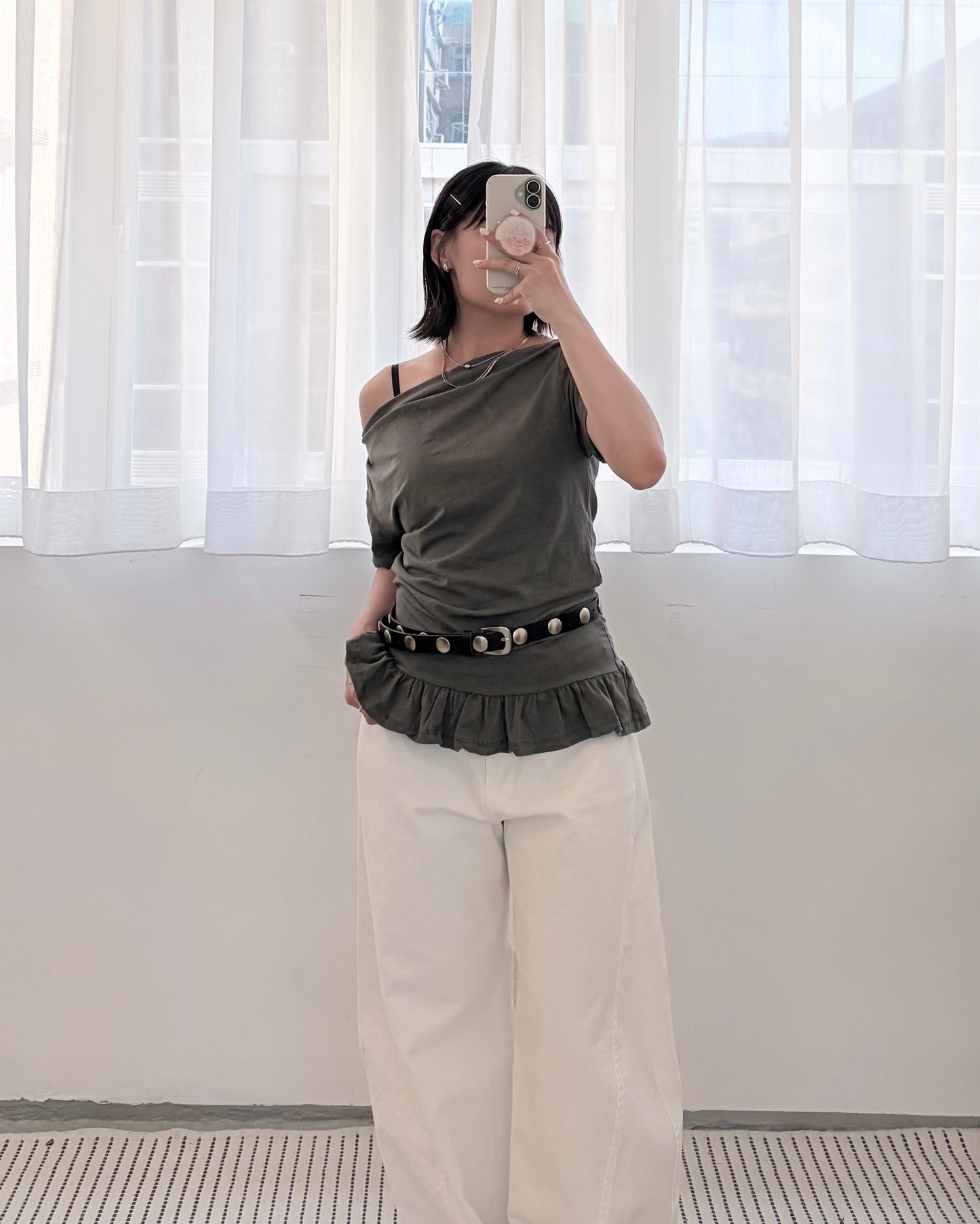 TP830- Off- shoulder Ruffle Top | Charcoal | Black