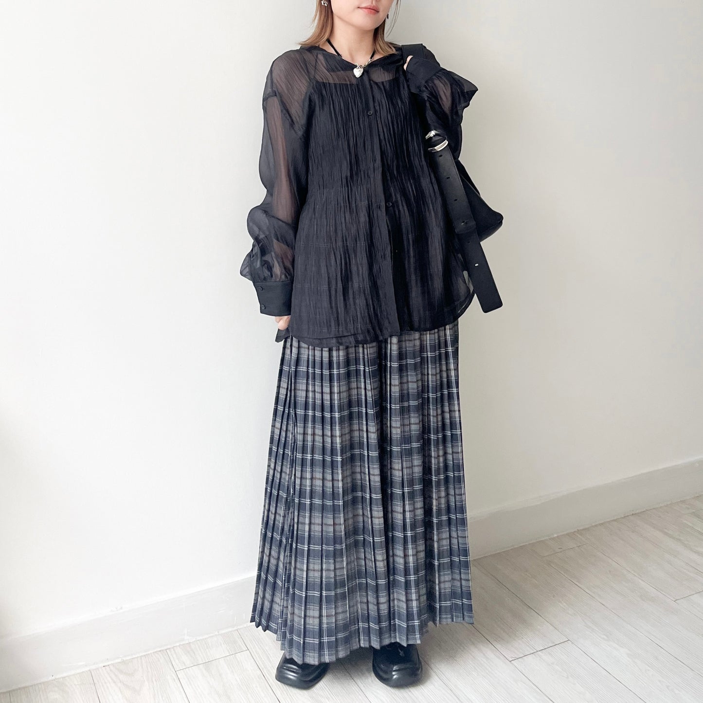 SK93- Check Pattern Pleated Skirt | Navy | Browm