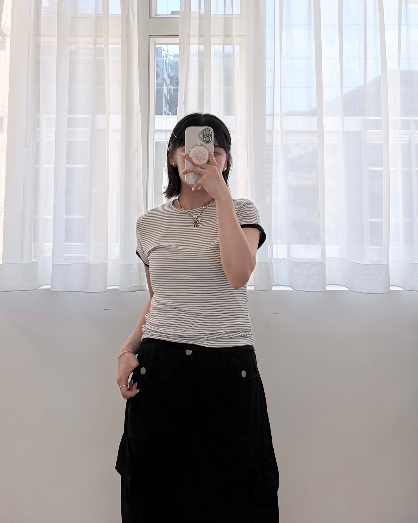 TP825- Stripe Double Layer Tee | White | Brown | Navy ( 軟熟超大彈性 )