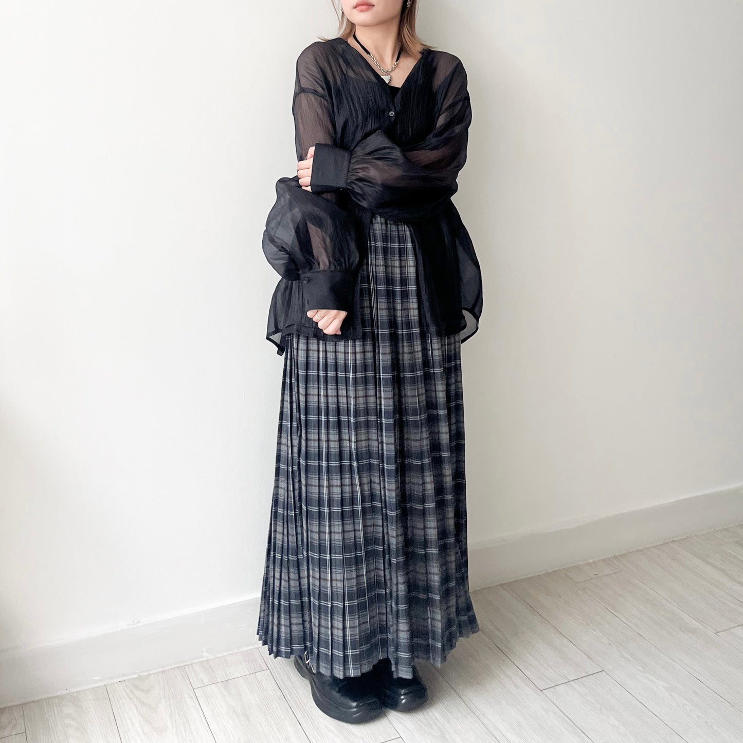 SK93- Check Pattern Pleated Skirt | Navy | Browm