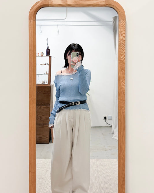 TP735- 樹紋 See-through Ruffle Top | White | Light grey | Grey | Blue | Black ( 超大彈性 )