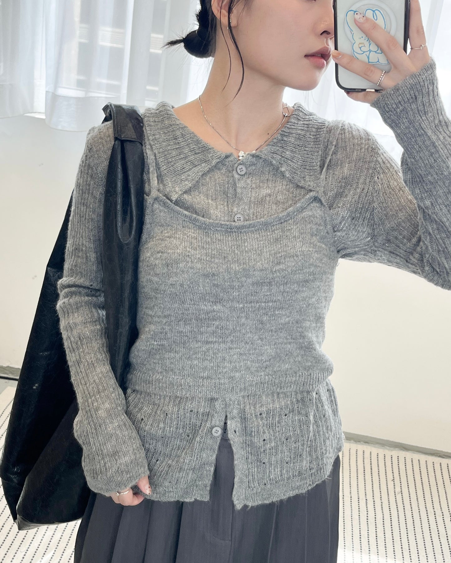 TP675- Knitwear Vest Set Top | Ivory | Grey