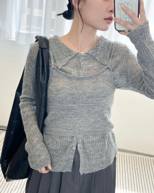 TP675- Knitwear Vest Set Top | Ivory | Grey