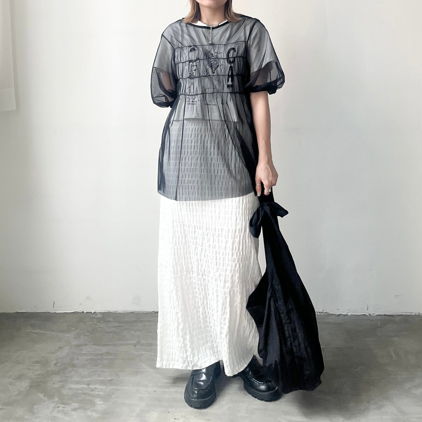 SK78- Checked H line Skirt | White | Orange