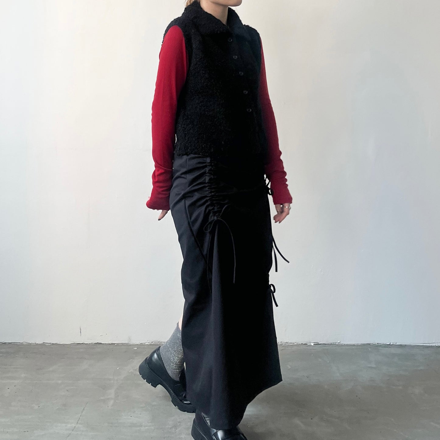 SK55- Drawstring Ribbon Straight Skirt | Khaki | Black