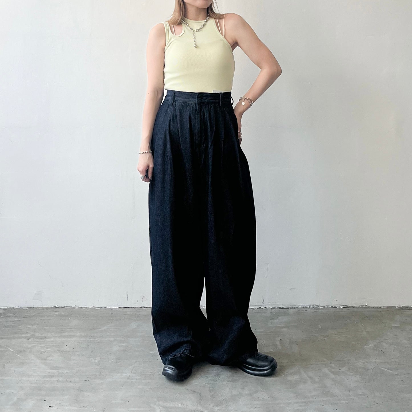 PT54- Denim Pant Tucked Wide Pants | Navy | Black