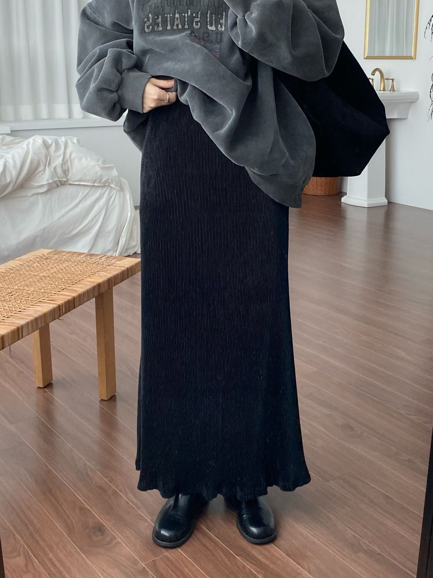 SK136- 絲絨Pocket Skirt ｜Light Grey | Grey | Red wine | Black