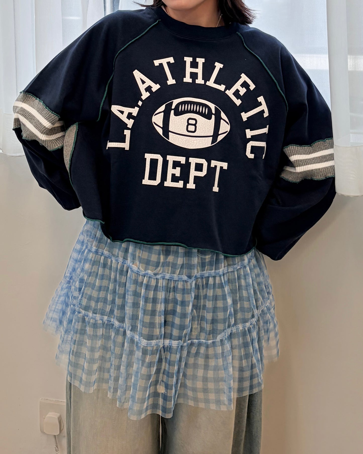 TP709- 拼布Printed Sweatshirt Hoodie | Grey | Navy