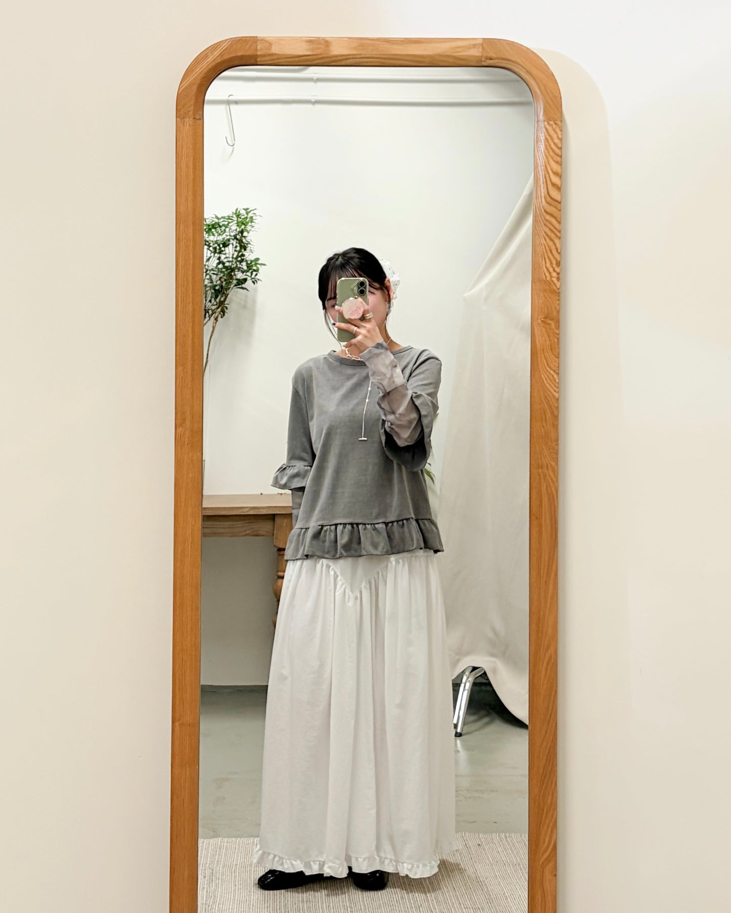 TP729- 2 in 1 Ruffle Sleeve Top | Beige | Grey