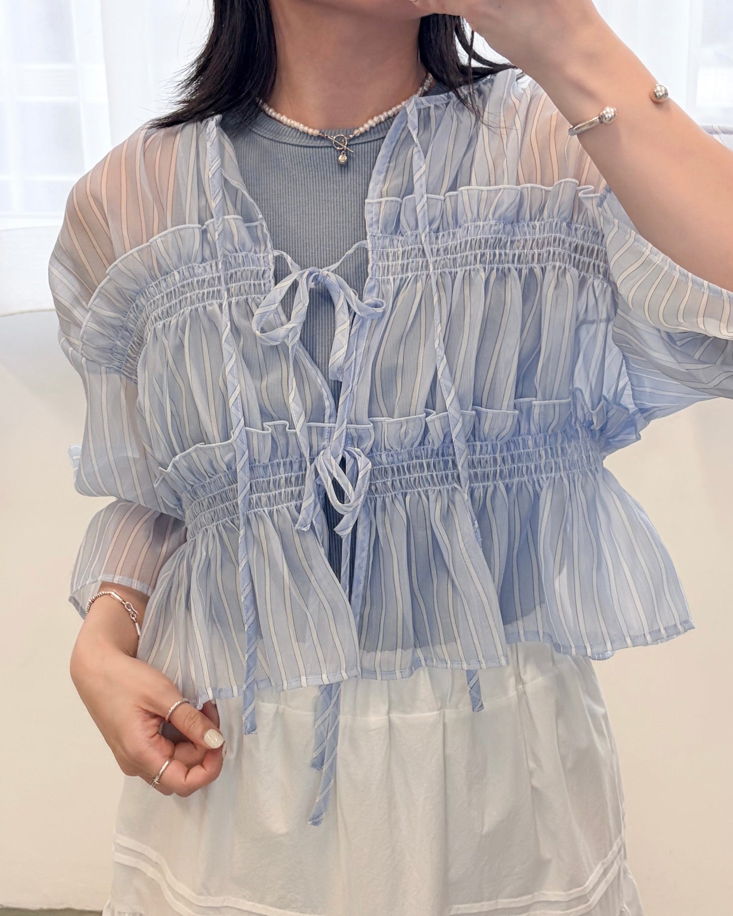 TP802- Front Ribbon Sheer Blouse | White | Blue | Stripe Yellow | Stripe Blue