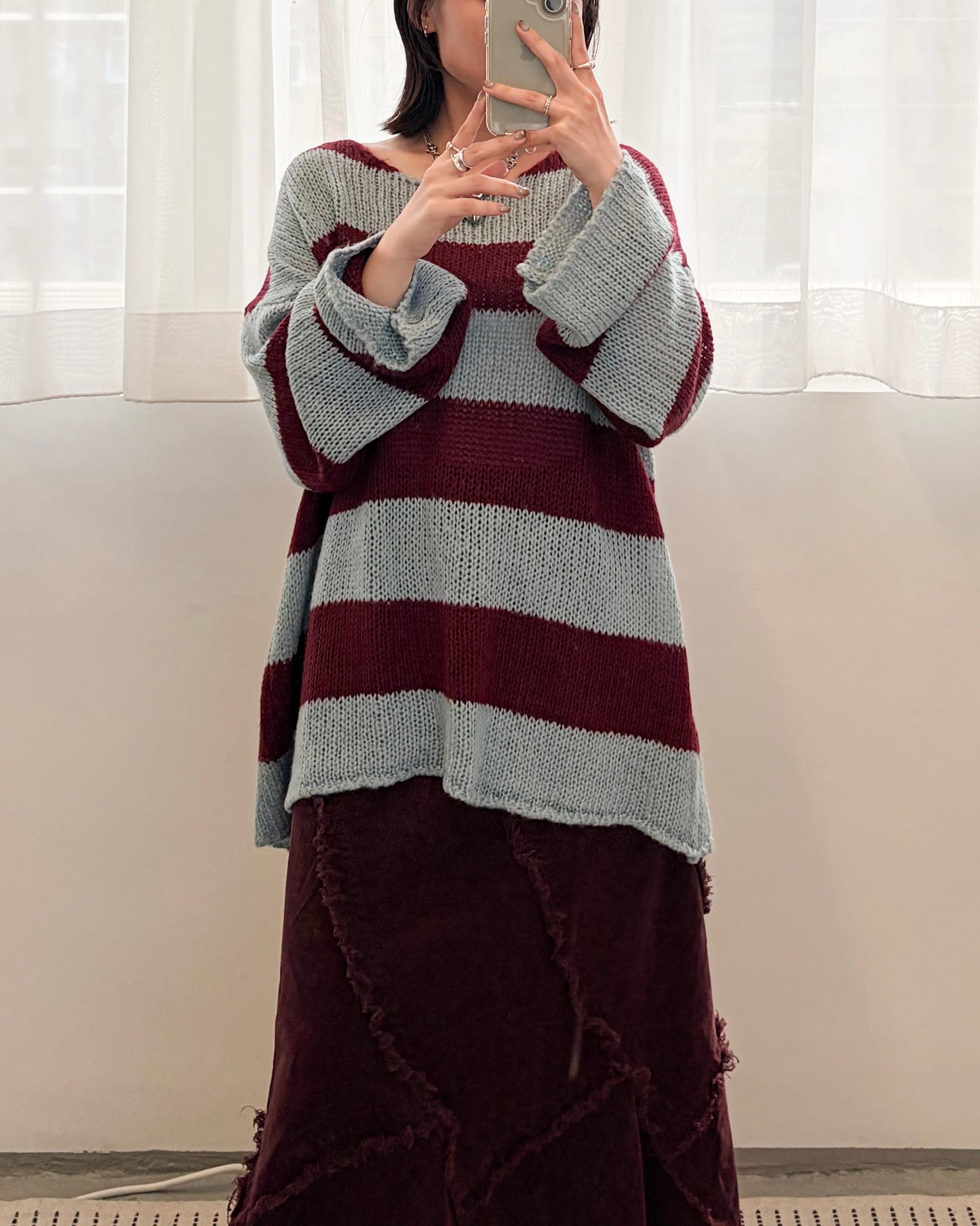 TP691- 拼色2 Ways Stripe Knit Top | Lime x Orange | Blue x Purple | Grey x Black