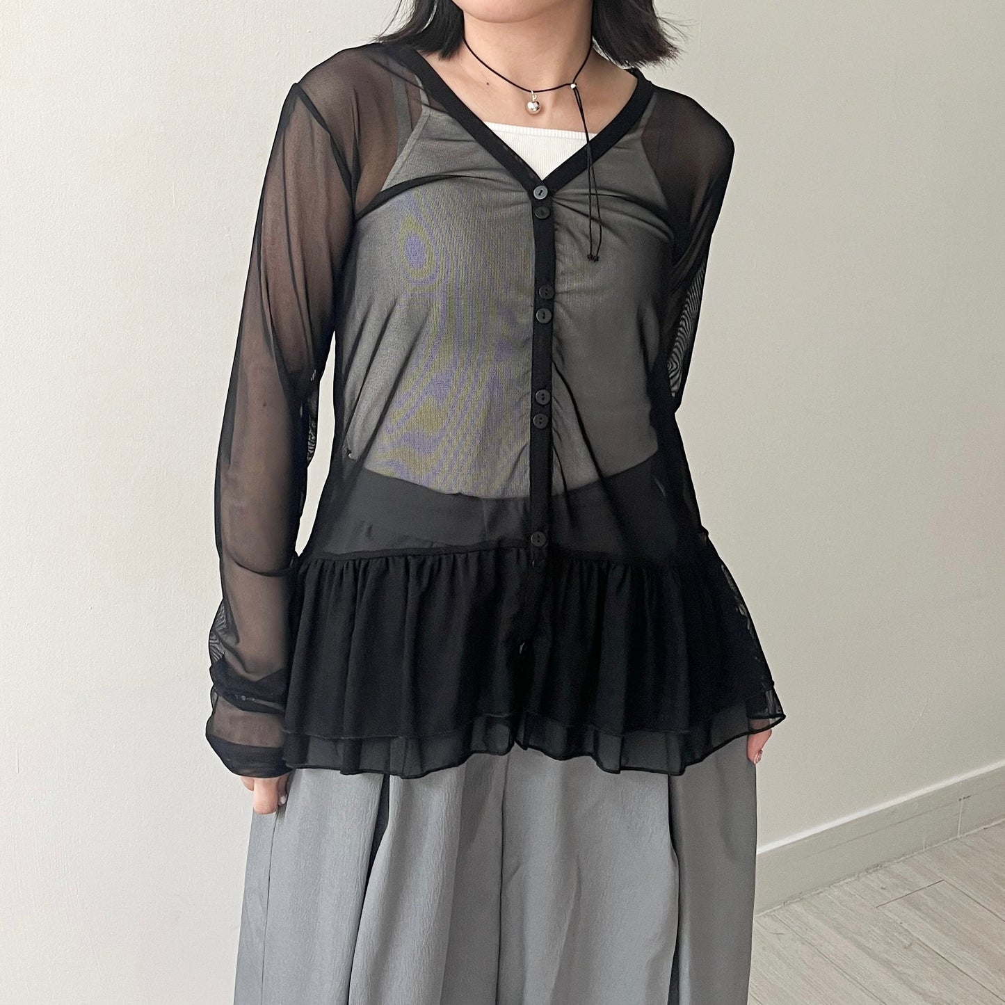TP494- Layer See-through V Neck Top | White | Grey | Black