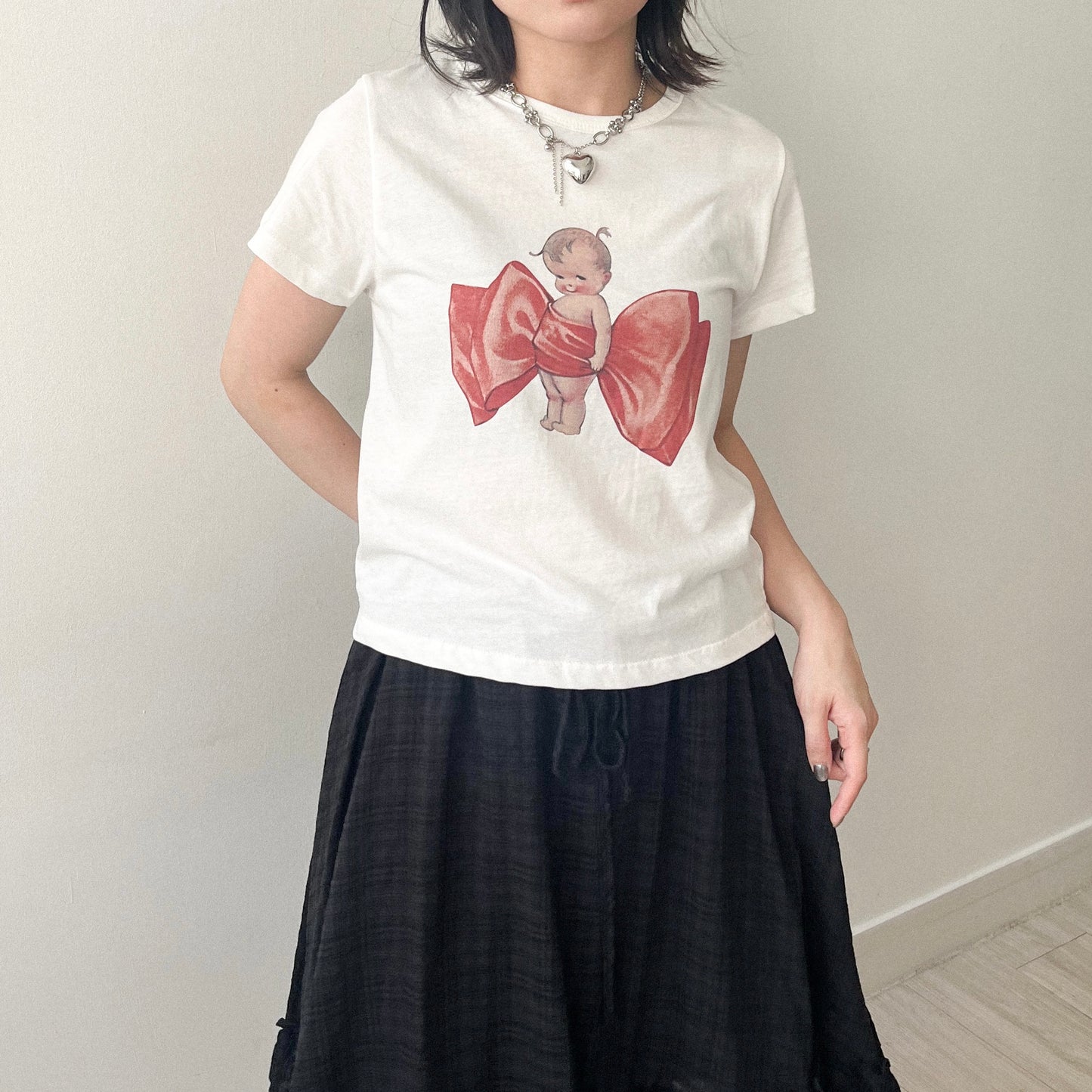 TP639- Baby Ribbon Top | White | Charcoal