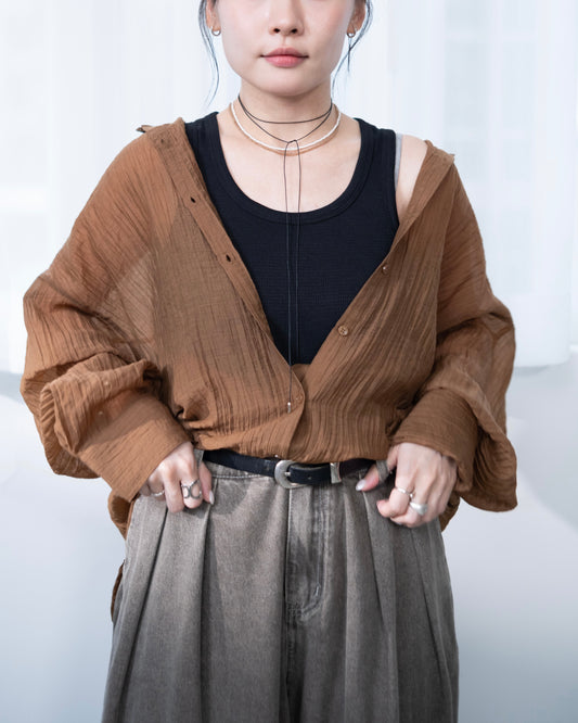 TP666- Crinkle Puff Sleeve Sheer | White | Brown | Black