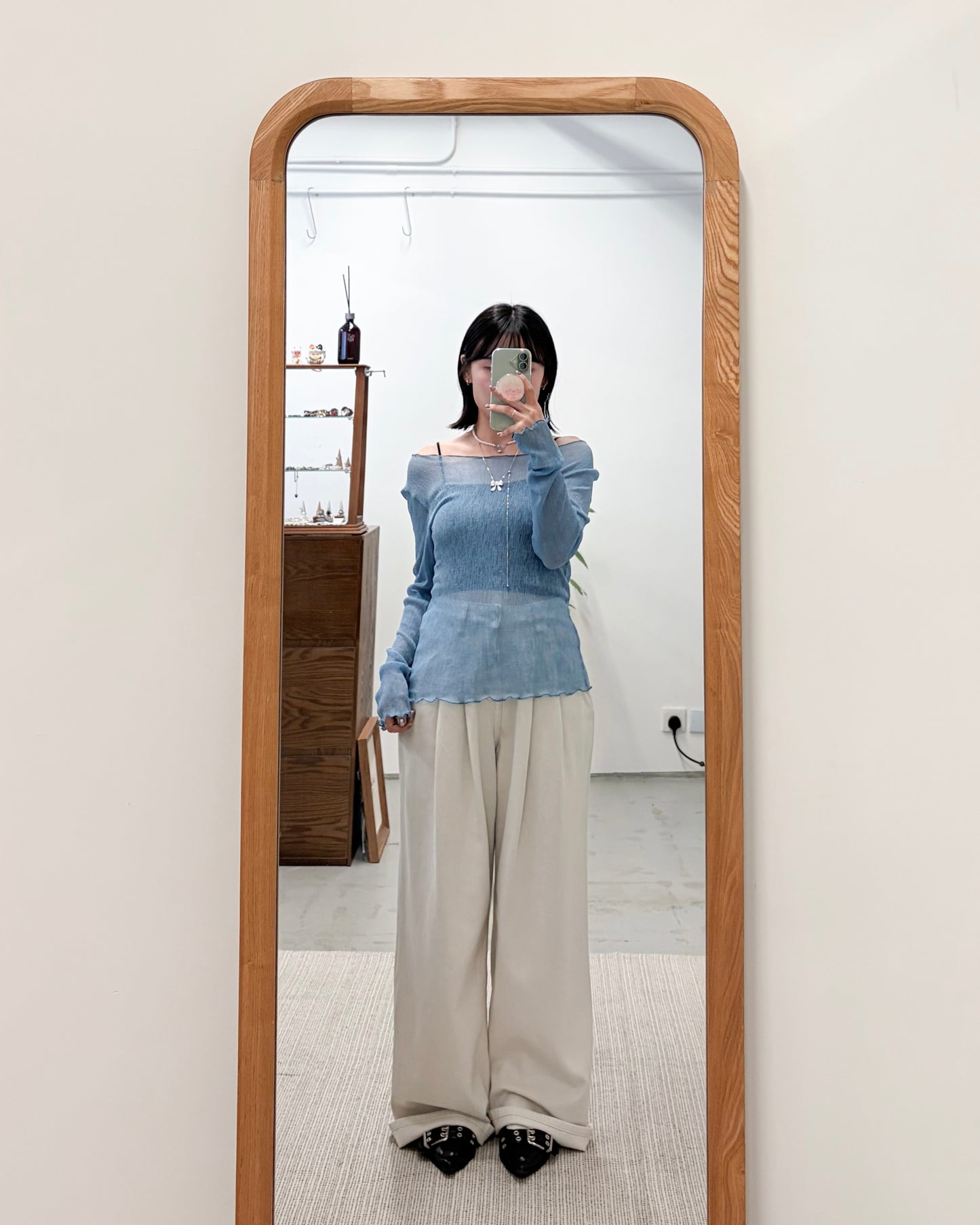 TP735- 樹紋 See-through Ruffle Top | White | Light grey | Grey | Blue | Black ( 超大彈性 )