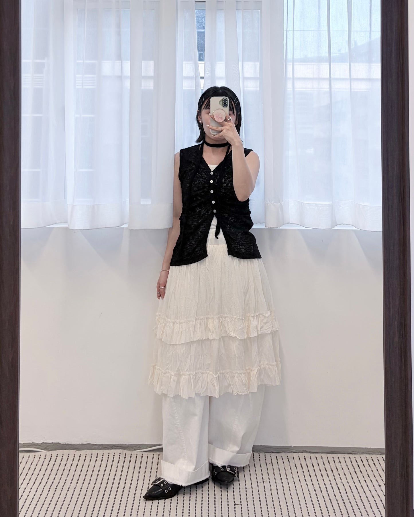 SK156- 皺皺破邊layer Skirt | Ivory | Grey