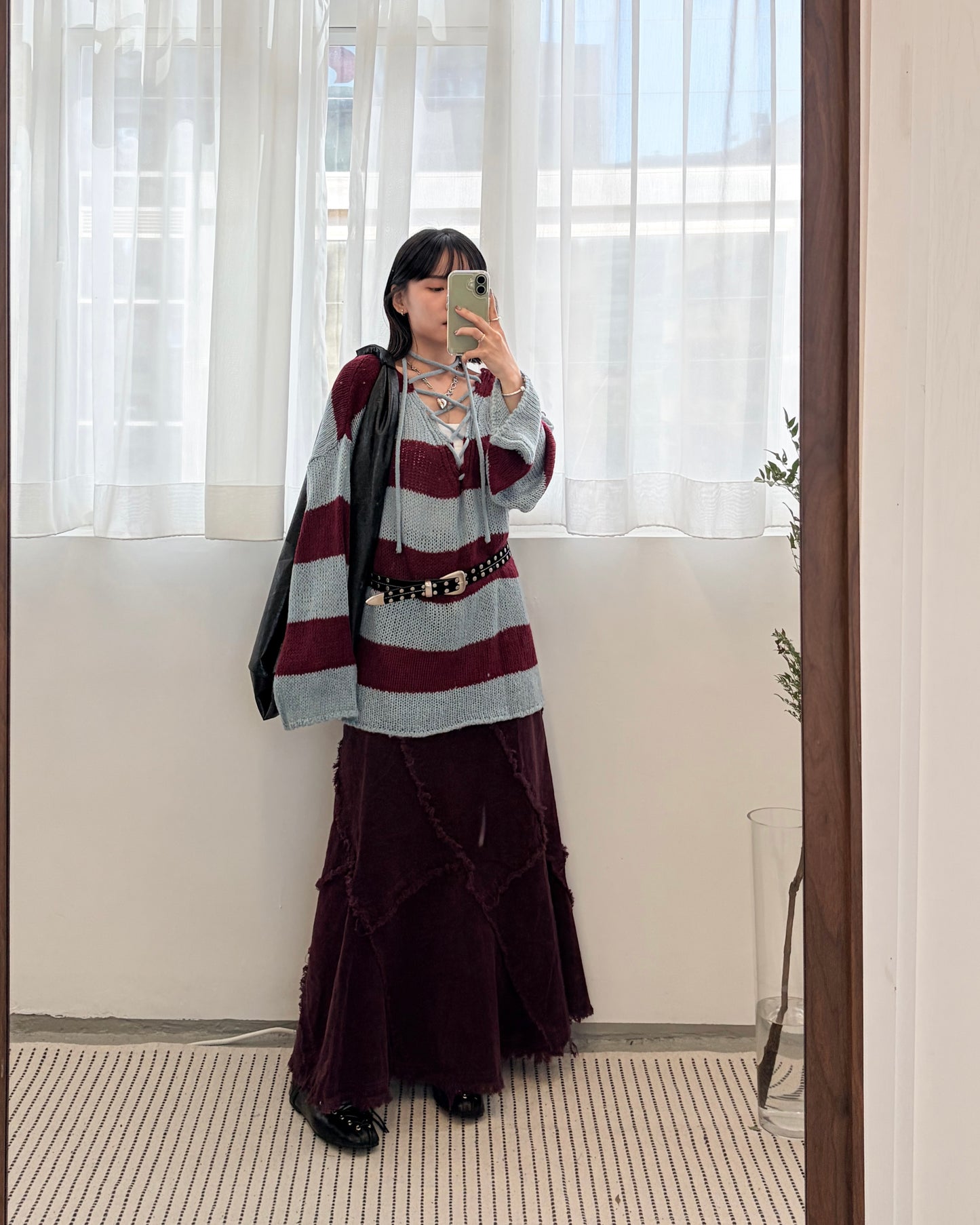 SK135- 薄燈芯絨破爛邊半截裙 ｜ Black | 棗紅色 | Brown