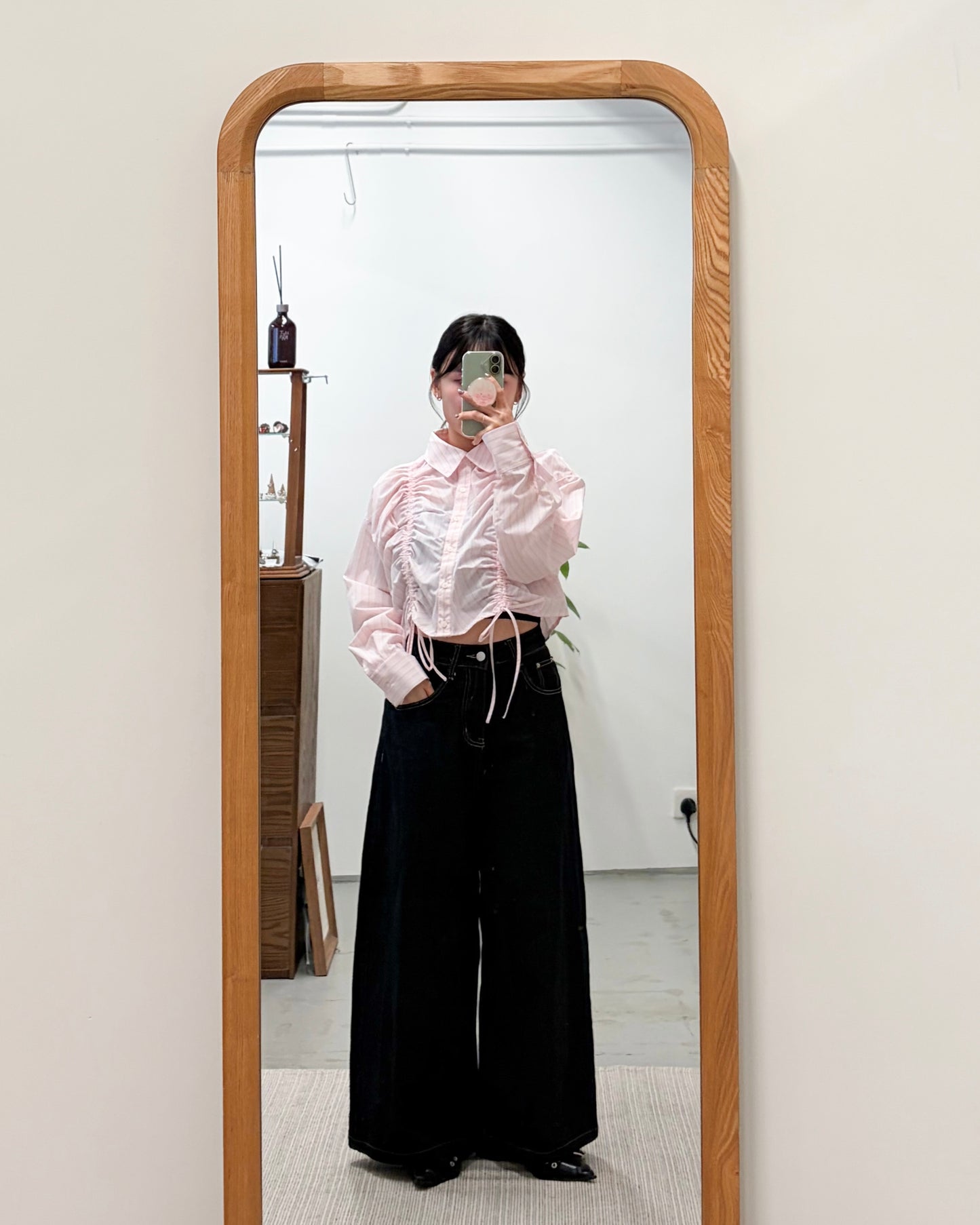 TP739- Front Shirring Short Length Shirt | Pink | Blue