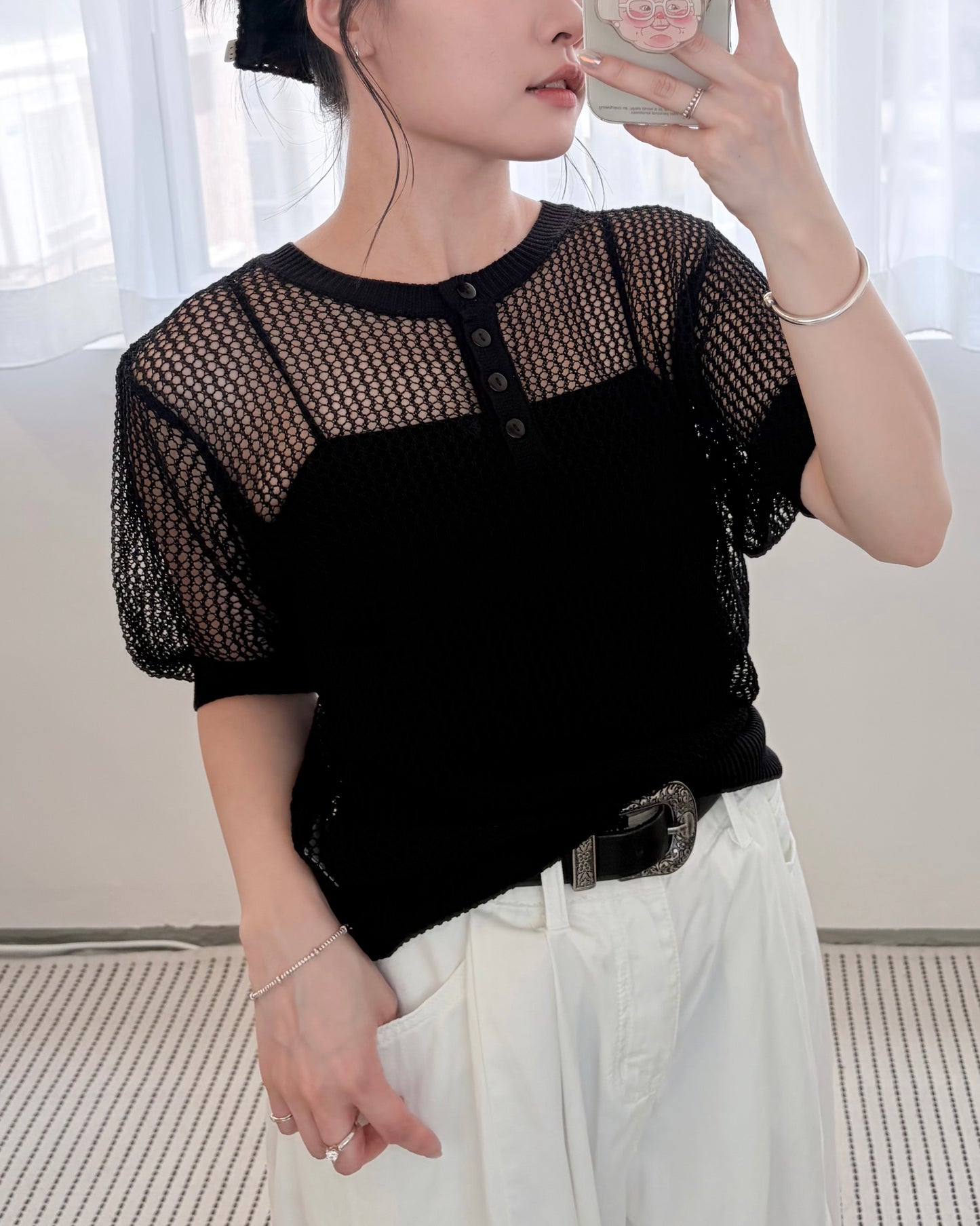TP806- Knitwear Short Sleeve Top | Ivory | Black