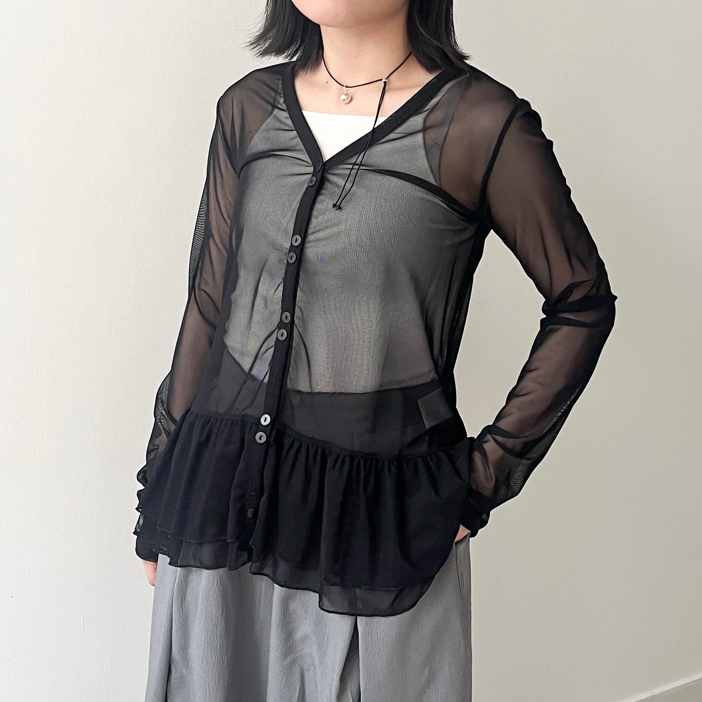 TP494- Layer See-through V Neck Top | White | Grey | Black