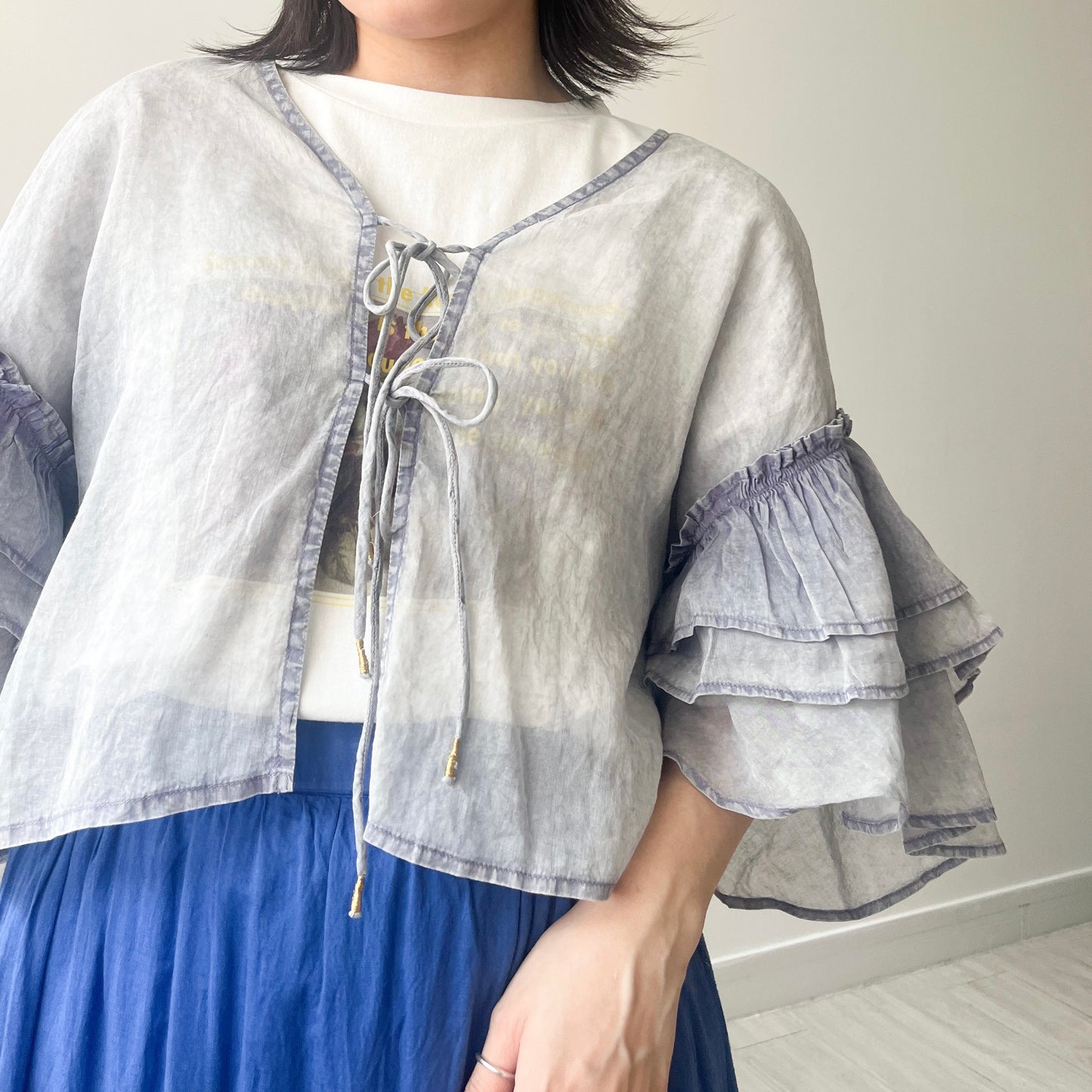 TP630- Ruffle Ribbon Cardigan | Grey Purple | Black